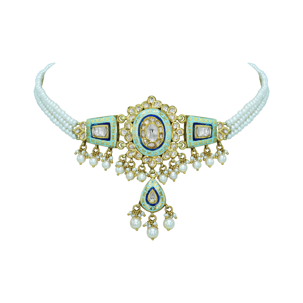 Mint Enamel Choker with Polki Diamonds and Pearls